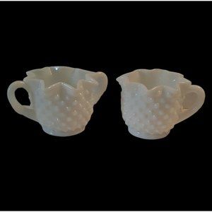 Vintage Fenton Hobnail White Milk Glass Ruffled Creamer Pitcher & Sugar Bowl